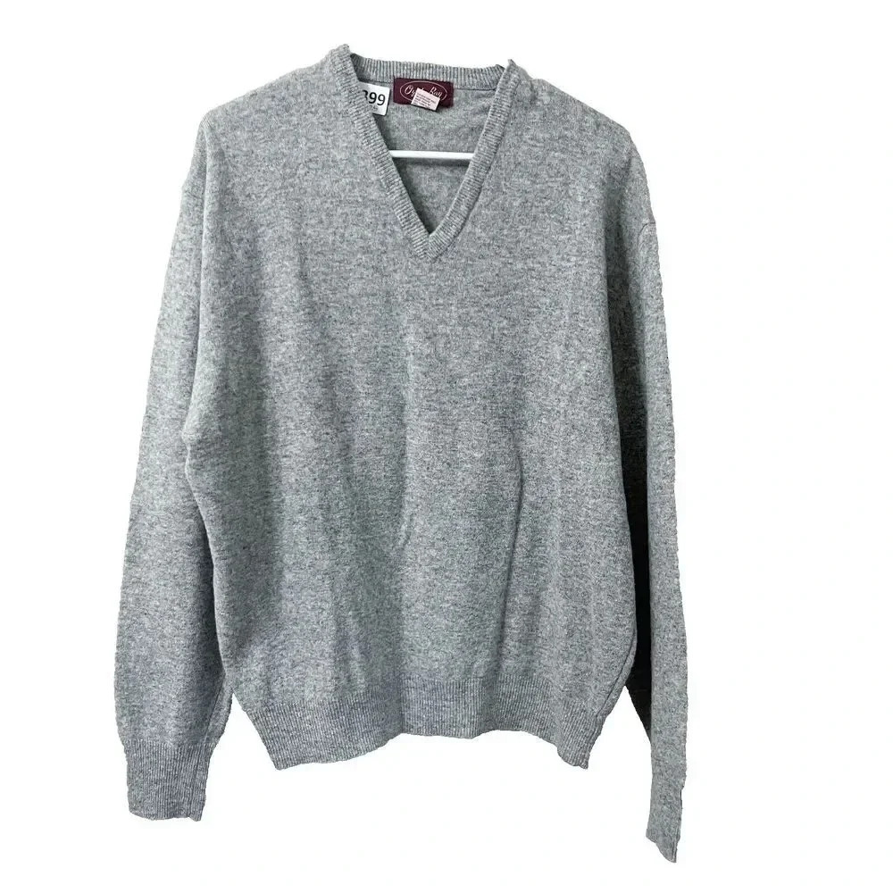 Oyster Bay Mens Gray Pullover Sweater Long Sleeve V Neck 100% Lambs Wool Knit